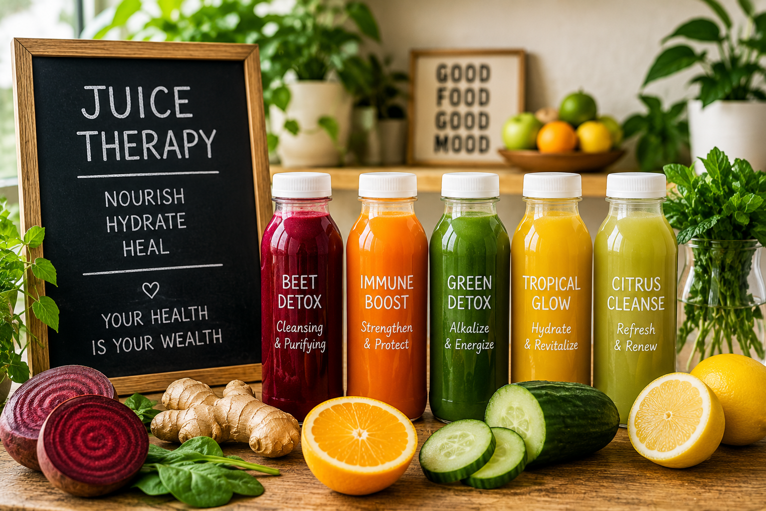 Assorted colorful wellness detox juices | Holistic Menus